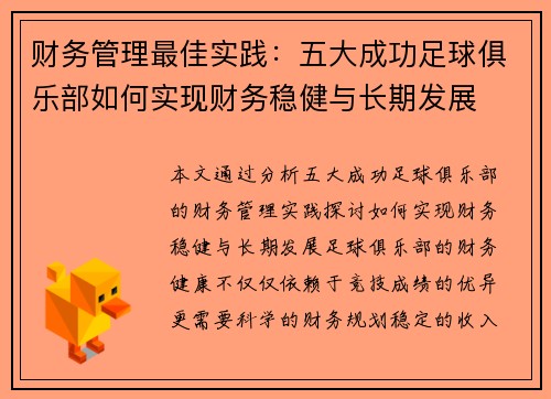 财务管理最佳实践：五大成功足球俱乐部如何实现财务稳健与长期发展