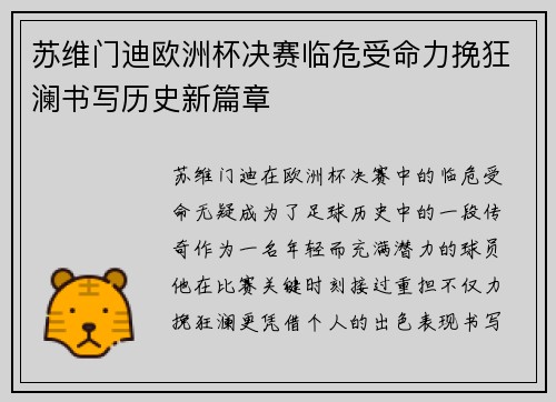 苏维门迪欧洲杯决赛临危受命力挽狂澜书写历史新篇章