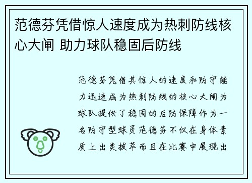 范德芬凭借惊人速度成为热刺防线核心大闸 助力球队稳固后防线 范德芬凭借惊人速度成为热刺防线核心大闸 助力球队稳固后防线